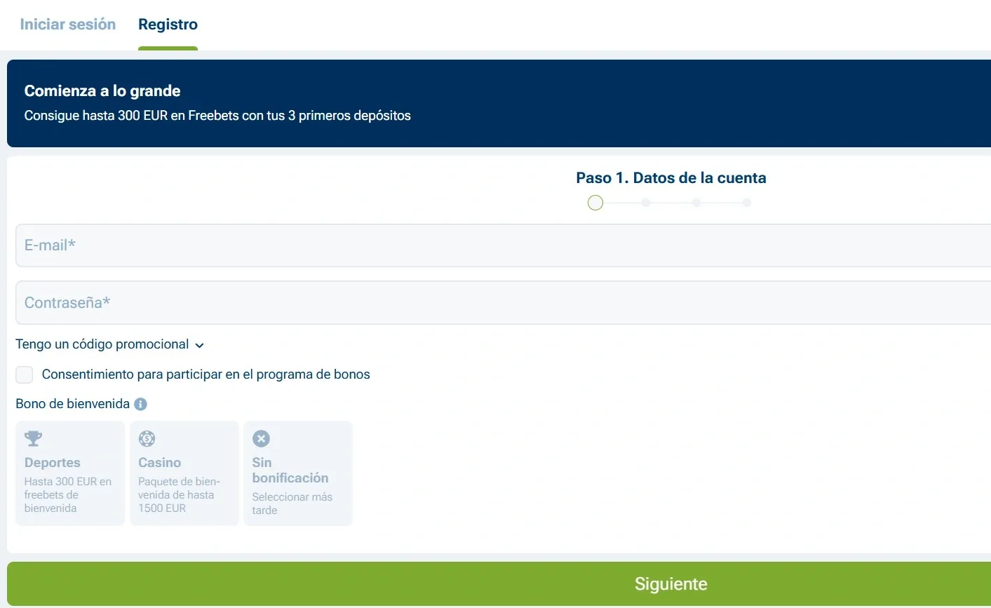 Formulario de registro 1xBet con DNI obligatorio