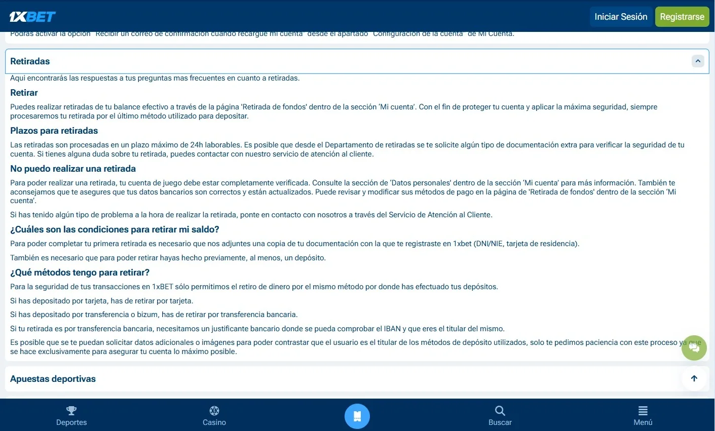 1xBet gestión de depósitos y retiradas