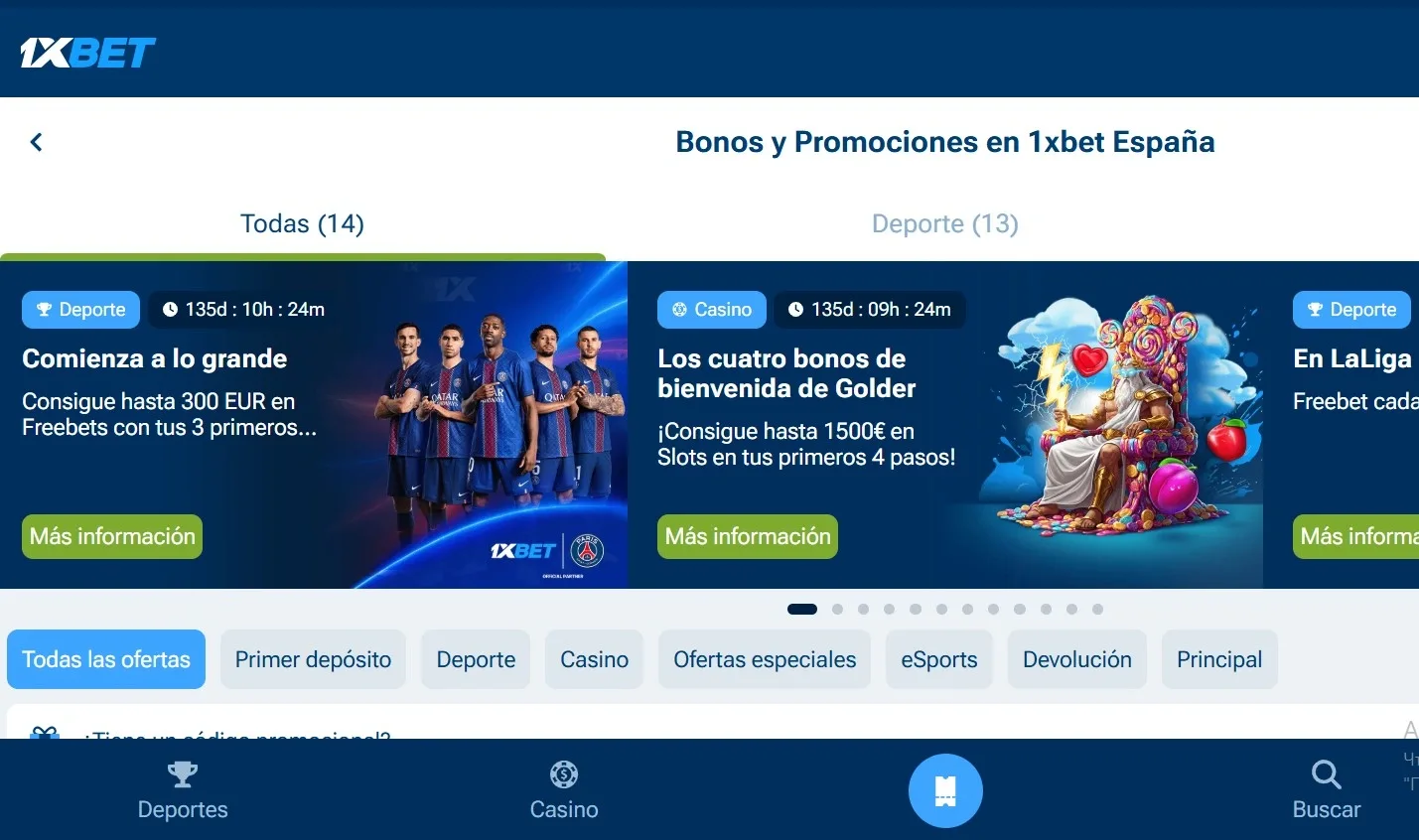 1xBet gestión de bonos y códigos promocionales
