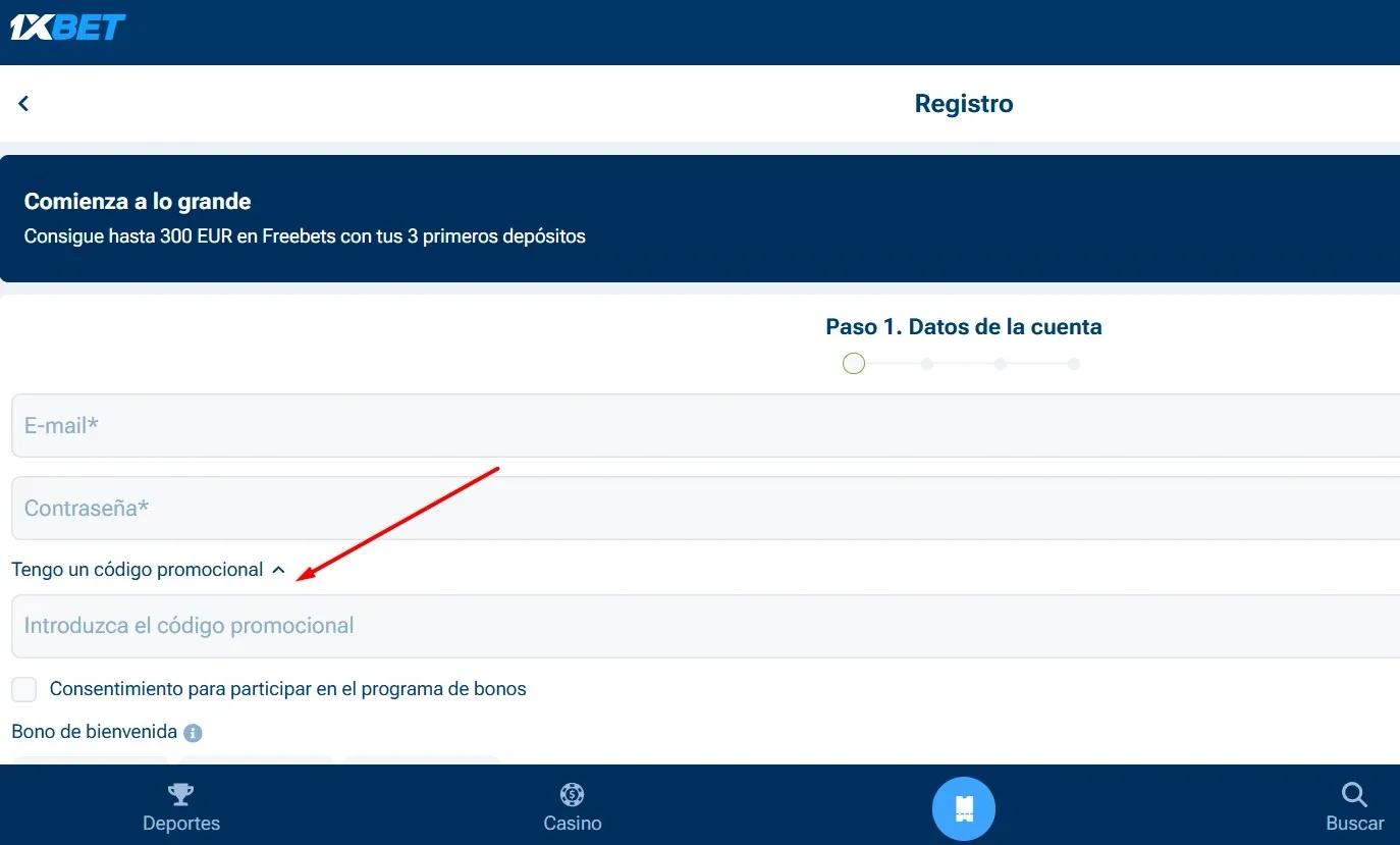 Campo para código promocional 1xBet en registro