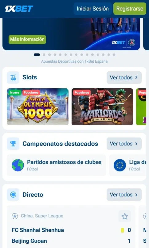 Pantalla principal 1xBet con navegación rápida